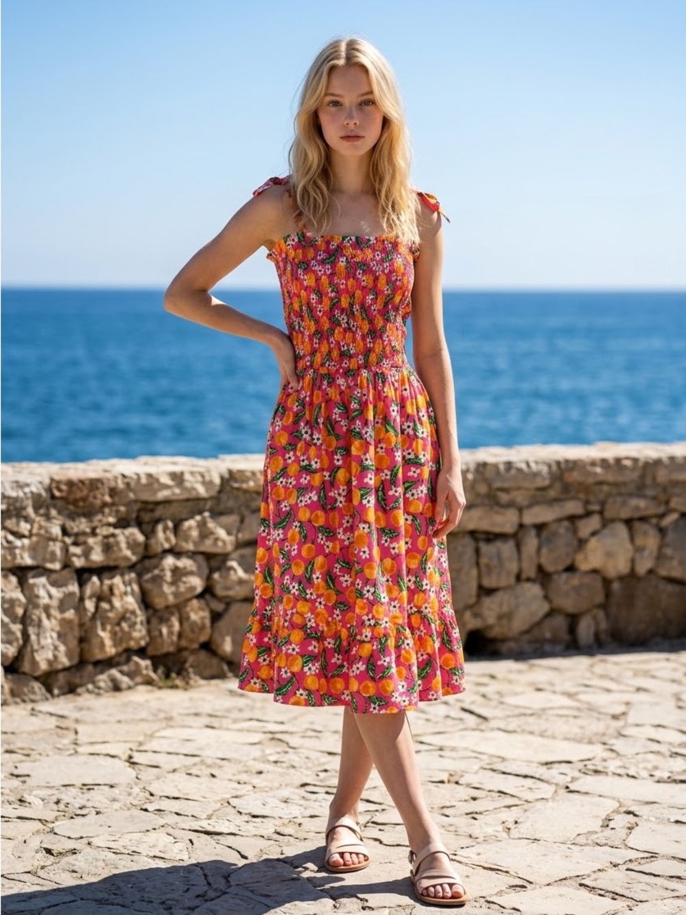 Draper James by Reese Witherspoon Orange Blossom Print Tie-Shoulder Midi Dress